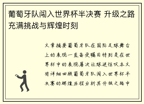 葡萄牙队闯入世界杯半决赛 升级之路充满挑战与辉煌时刻