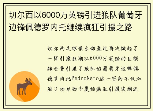 切尔西以6000万英镑引进狼队葡萄牙边锋佩德罗内托继续疯狂引援之路