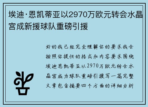 埃迪·恩凯蒂亚以2970万欧元转会水晶宫成新援球队重磅引援