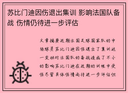 苏比门迪因伤退出集训 影响法国队备战 伤情仍待进一步评估