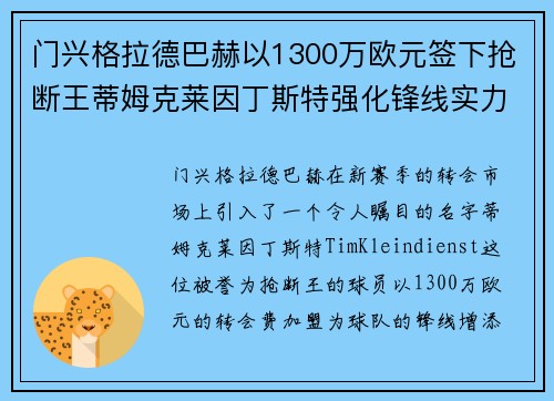 门兴格拉德巴赫以1300万欧元签下抢断王蒂姆克莱因丁斯特强化锋线实力