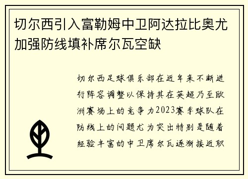 切尔西引入富勒姆中卫阿达拉比奥尤加强防线填补席尔瓦空缺